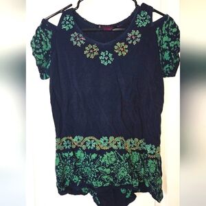 Floral Embroidered Navy and Green Tunic By Model France Medium